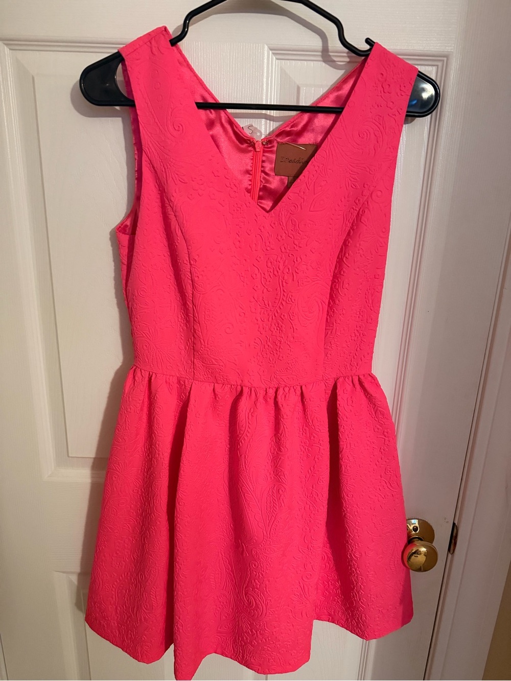 Sleeveless Hot Pink Textured V-Neck Midi Dress